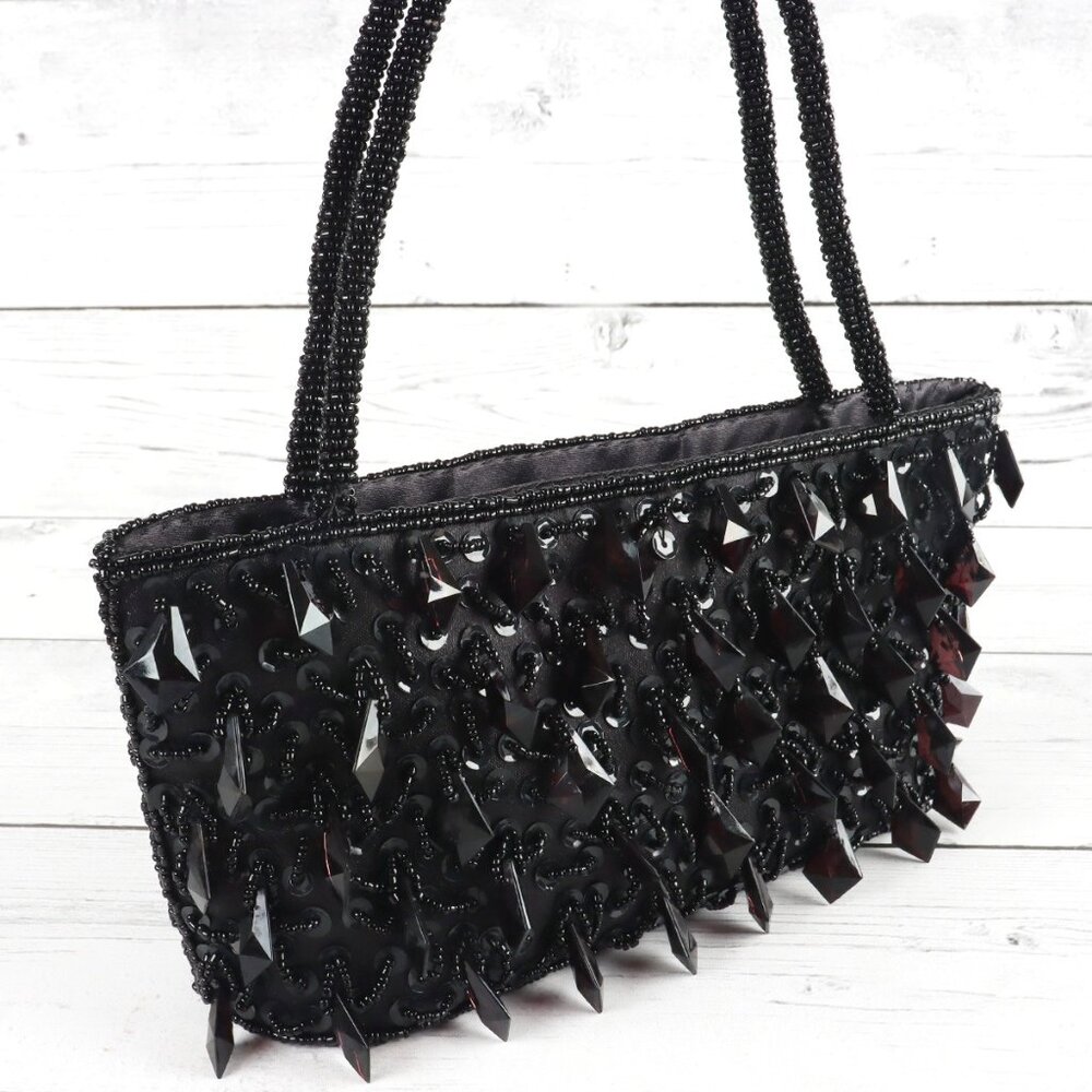 Vintage 90s Bijoux Terner Black Satin Beaded Mini Bag - Picture 2 of 10